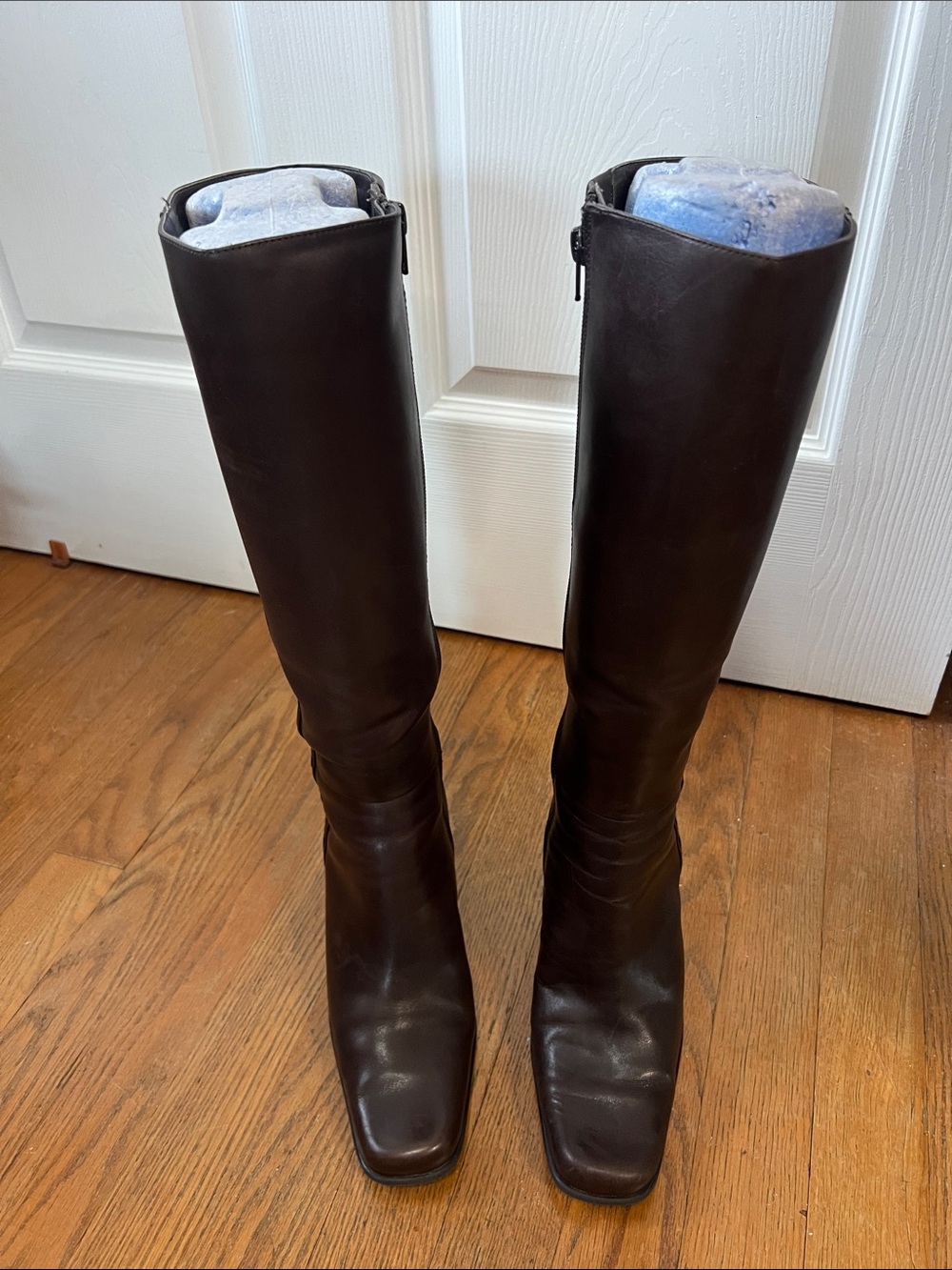VTG 90s Square Toe Knee High Brown Leather Boots Chunky Block Heel Sz 7